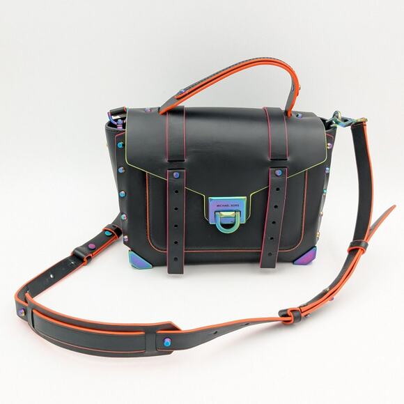 Michael Kors Manhattan Medium Contrast-Trim Leather Satchel in Black neon - Picture 1 of 16